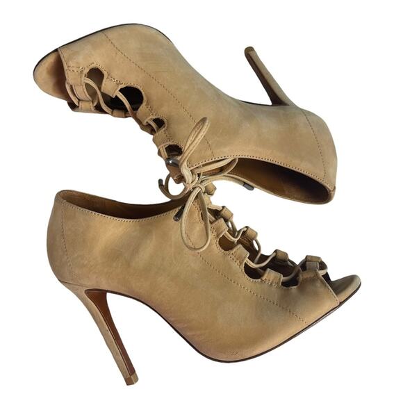 Schutz Women's Tan Nubuck Leather Lace Up Peep Toe Stiletto Bootie Shoes Size 7 - Picture 4 of 10